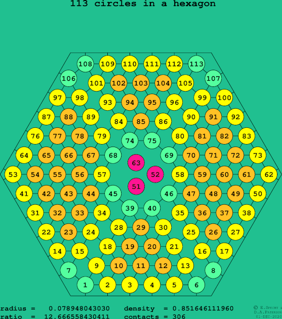 113 circles in a regular hexagon
