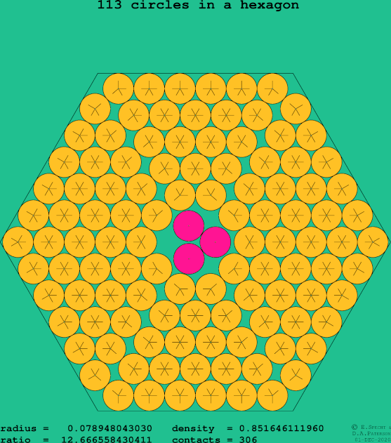 113 circles in a regular hexagon