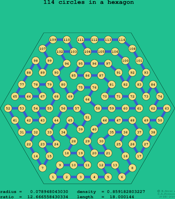 114 circles in a regular hexagon