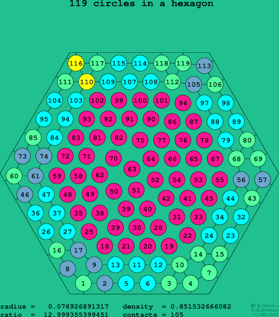 119 circles in a regular hexagon