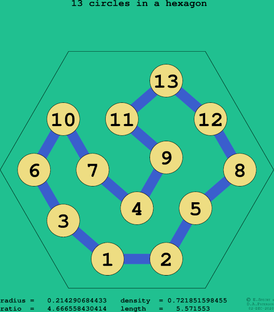 13 circles in a regular hexagon