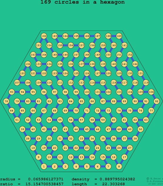 169 circles in a regular hexagon