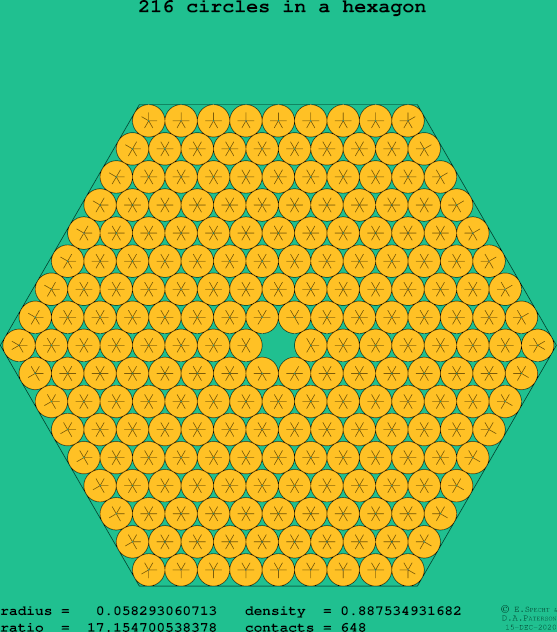 216 circles in a regular hexagon