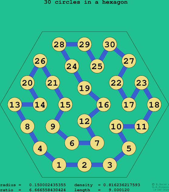 30 circles in a regular hexagon