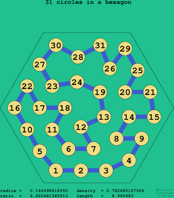 31 circles in a regular hexagon