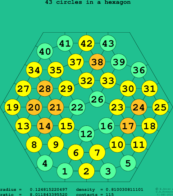 43 circles in a regular hexagon