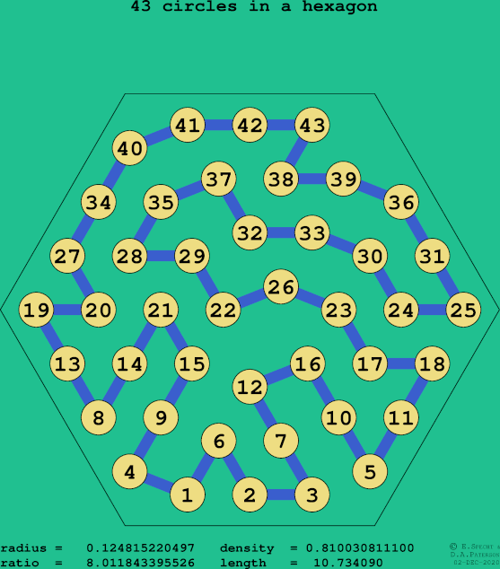 43 circles in a regular hexagon