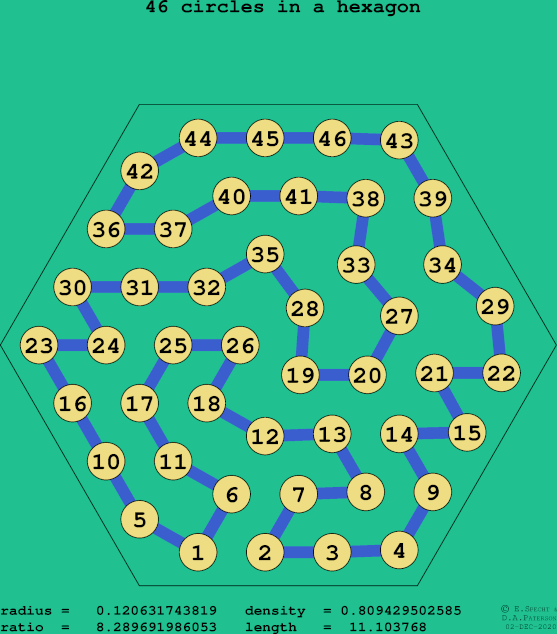 46 circles in a regular hexagon