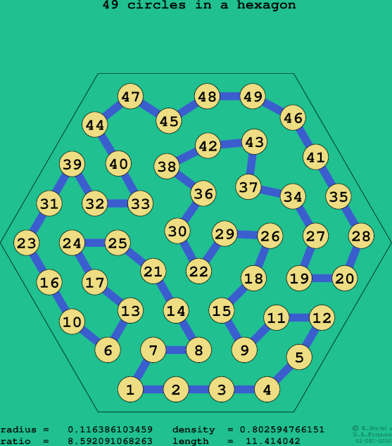 49 circles in a regular hexagon