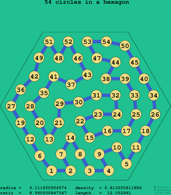 54 circles in a regular hexagon