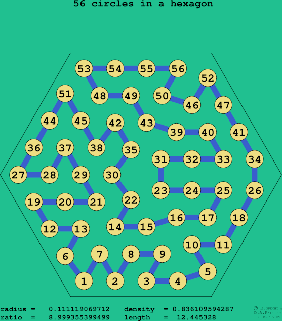 56 circles in a regular hexagon