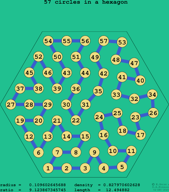 57 circles in a regular hexagon