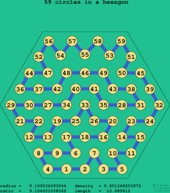 59 circles in a regular hexagon