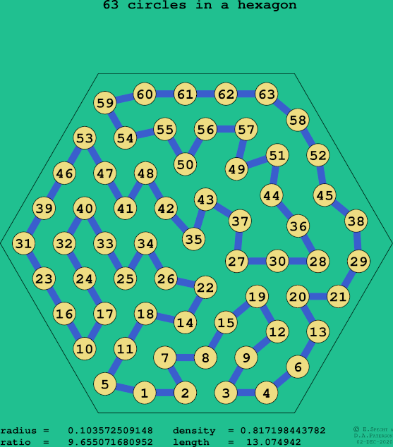 63 circles in a regular hexagon