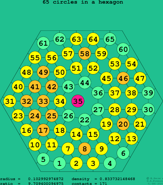 65 circles in a regular hexagon