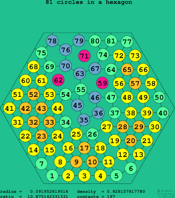 81 circles in a regular hexagon