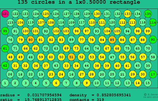 135 circles in a rectangle