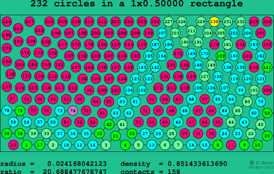 232 circles in a rectangle