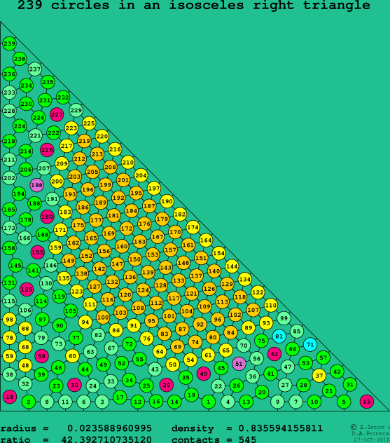 239 circles in an isosceles right rectangle