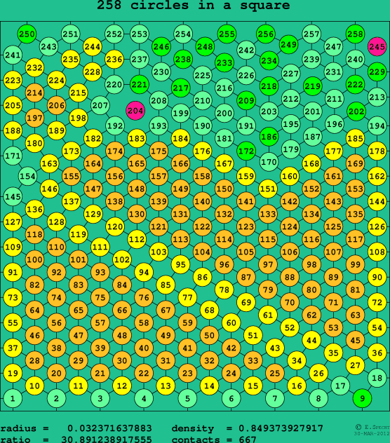 258 circles in a square