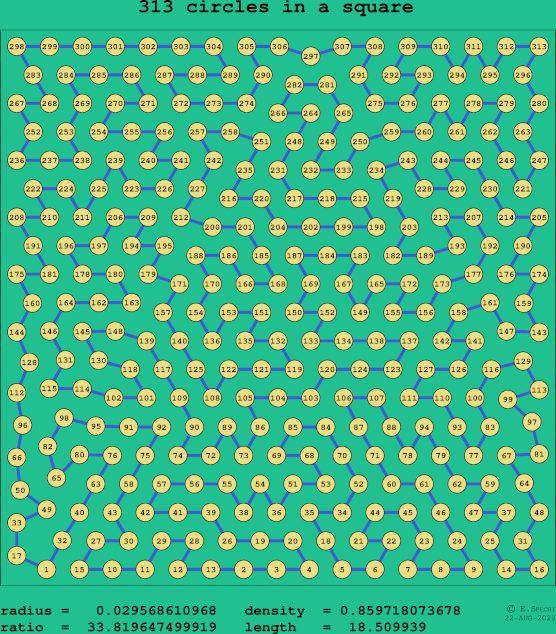 313 circles in a square