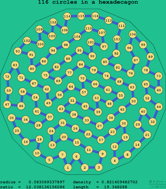 116 circles in a regular hexadecagon