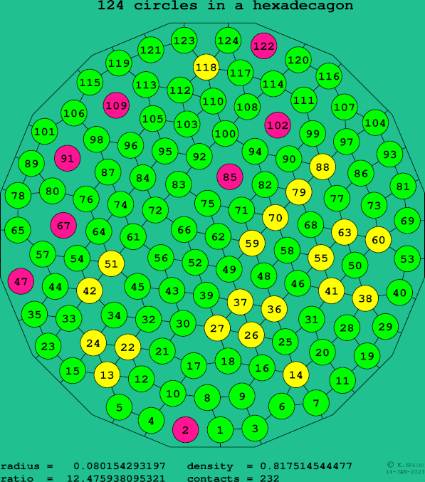 124 circles in a regular hexadecagon