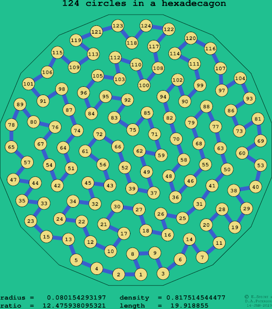 124 circles in a regular hexadecagon