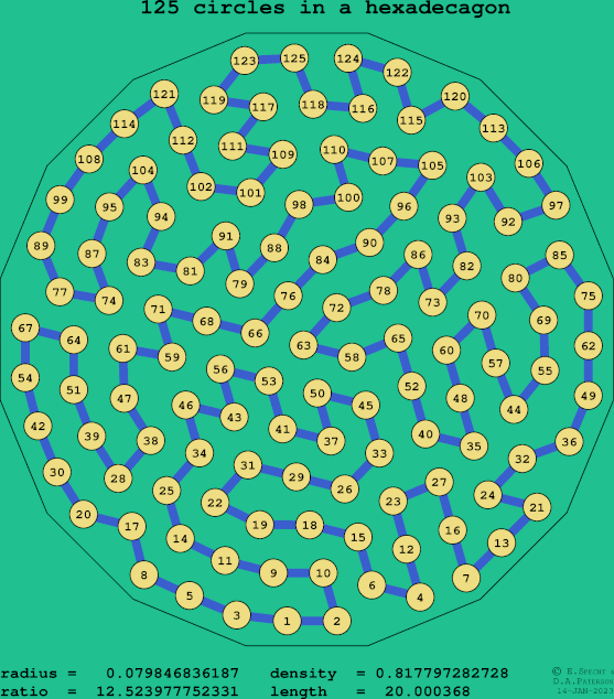 125 circles in a regular hexadecagon