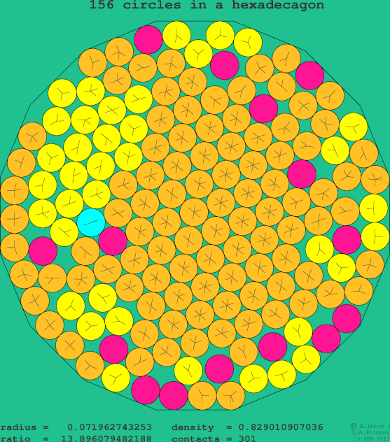 156 circles in a regular hexadecagon