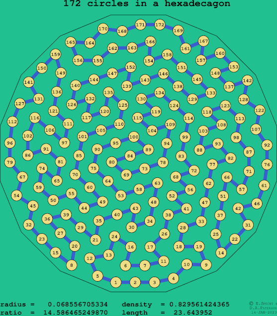 172 circles in a regular hexadecagon