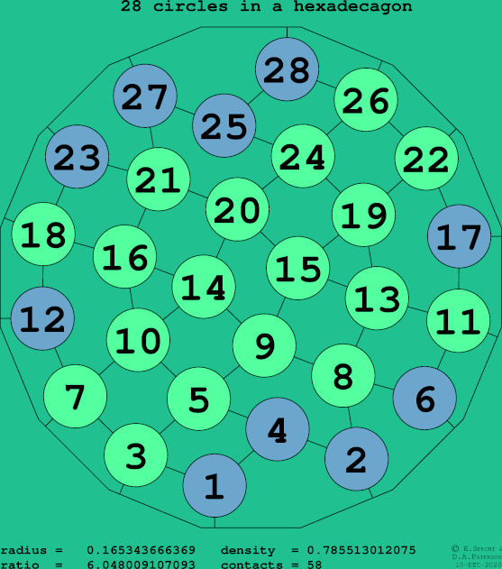 28 circles in a regular hexadecagon