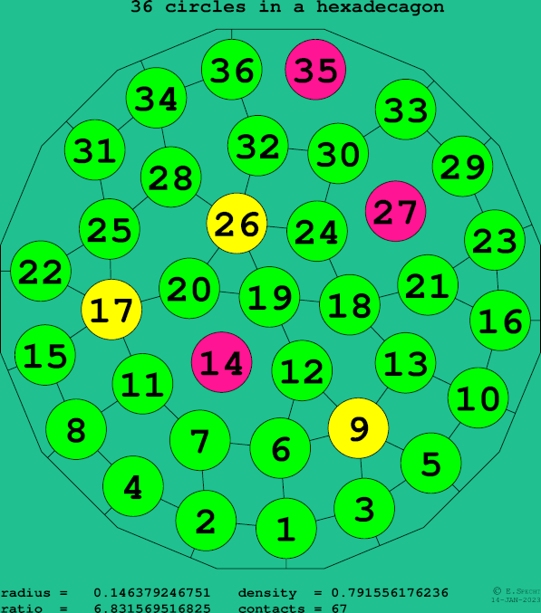 36 circles in a regular hexadecagon