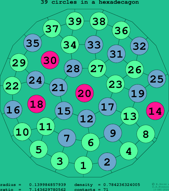 39 circles in a regular hexadecagon
