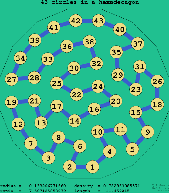 43 circles in a regular hexadecagon