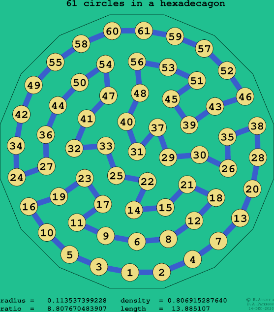 61 circles in a regular hexadecagon