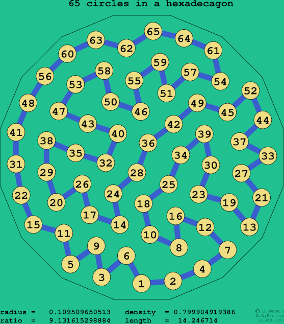 65 circles in a regular hexadecagon
